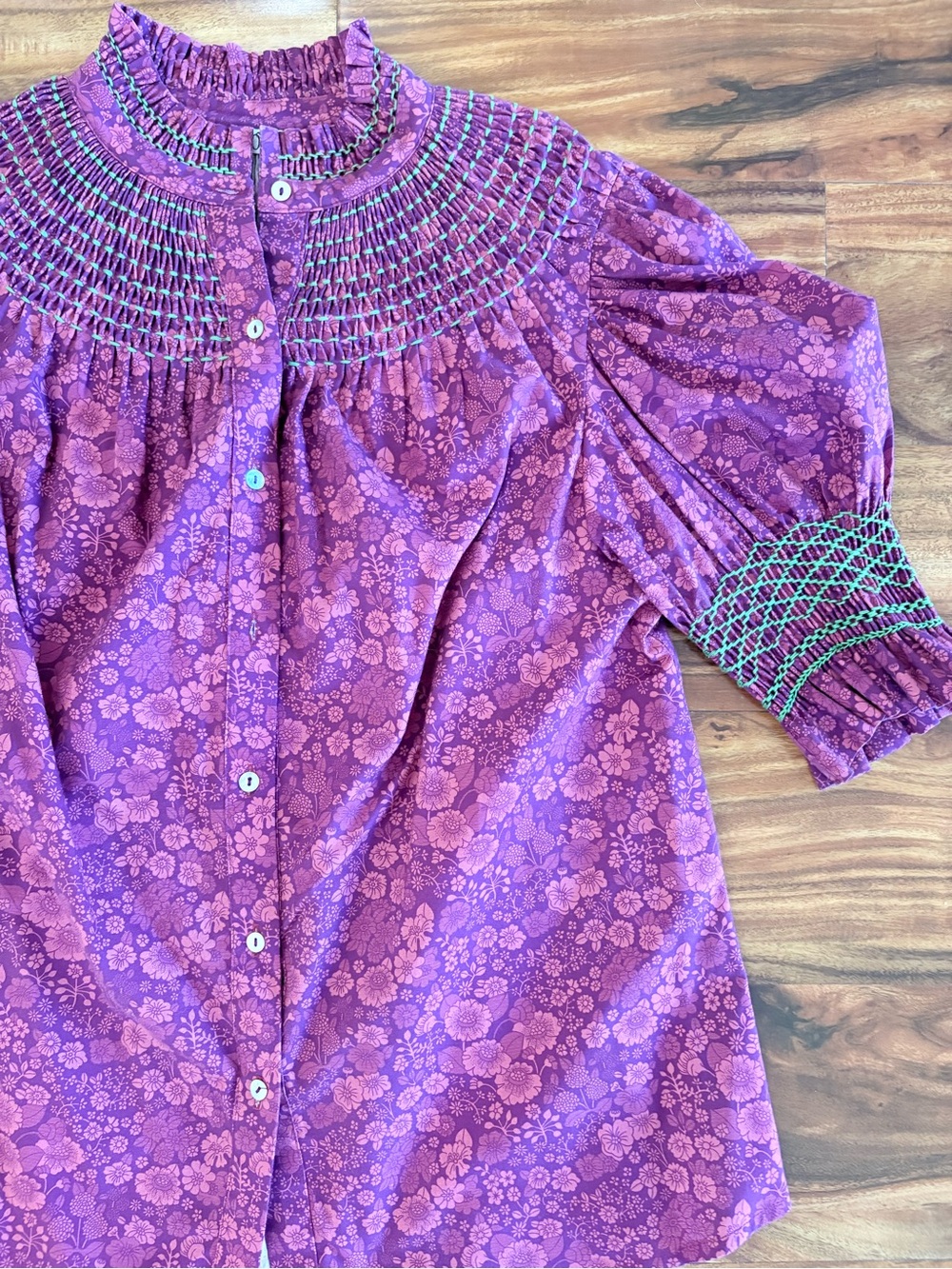 Andion Spain Women’s Hand Smocked Amelia Blouse Purple Petite Floral Medium M